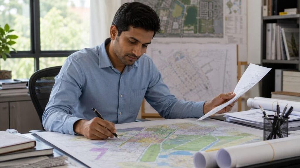 Town planner reviewing a Development Plan map to verify road alignment for a residential layout