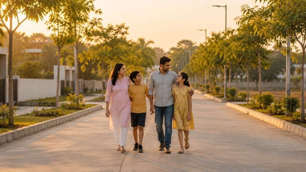 Family walking safely on a quiet 30 ft internal road inside a residential plotting layout