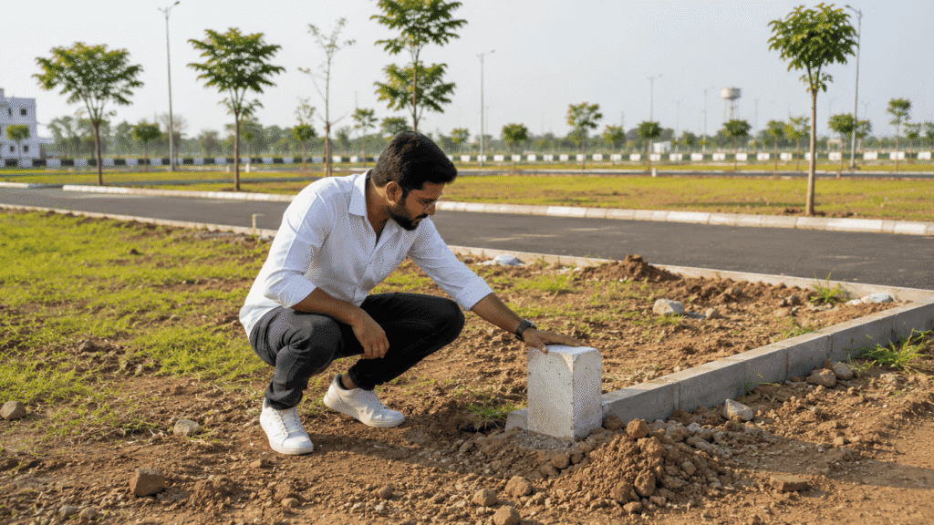 Buyer checking plot boundary markers during a site visit
