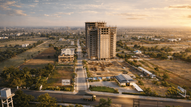 Residential development in progress at sunset
