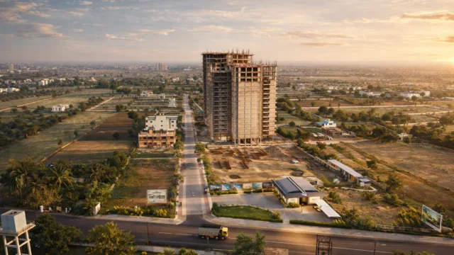 Residential development in progress at sunset