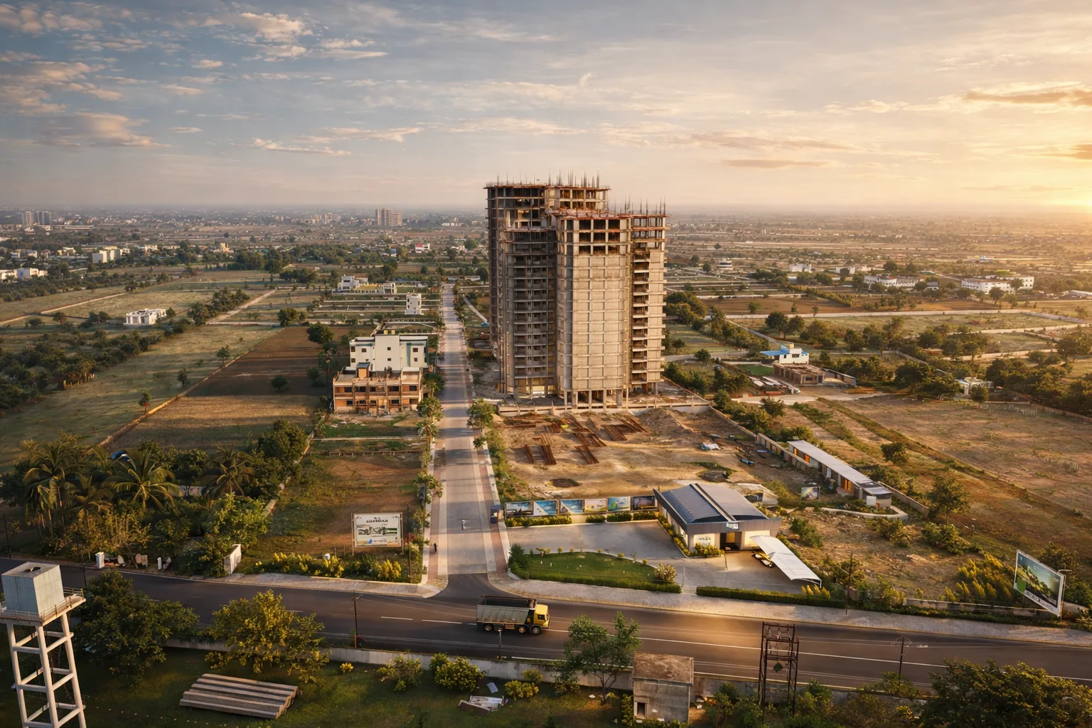 Residential development in progress at sunset