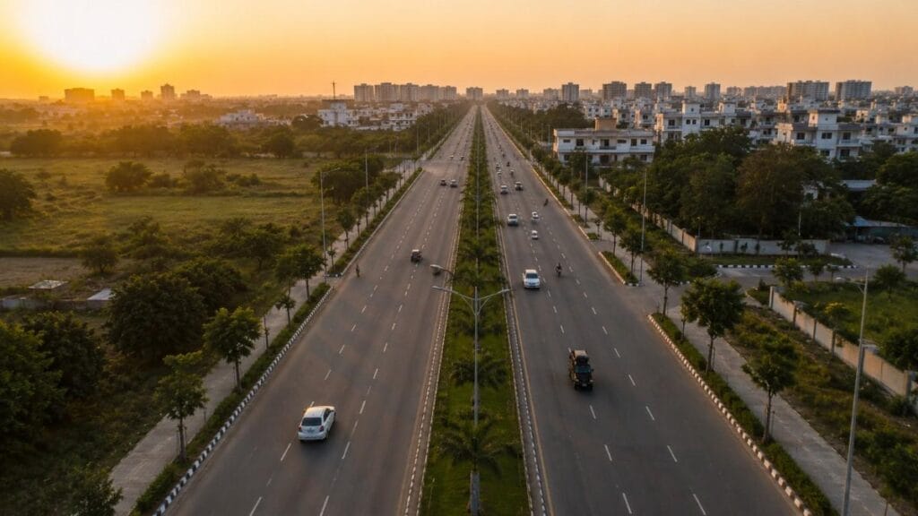 Busy wide arterial road leading toward a modern plotted township near Nagpur