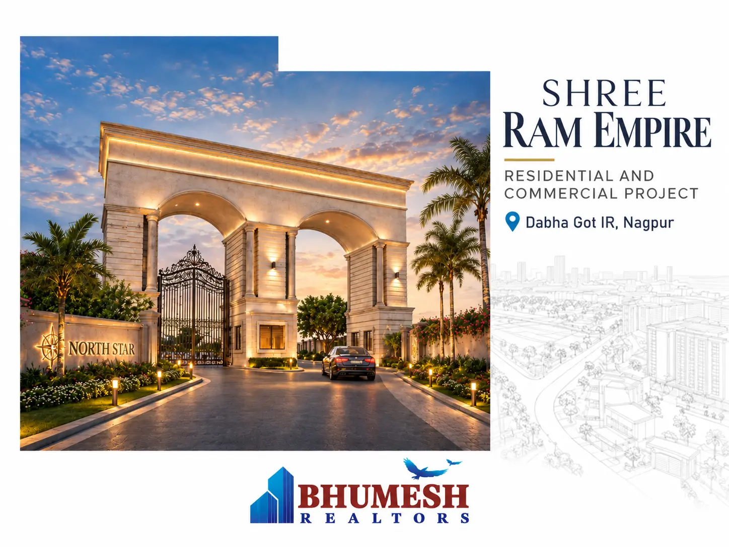 Luxury Gate at Dusk — Shree Ram Empire